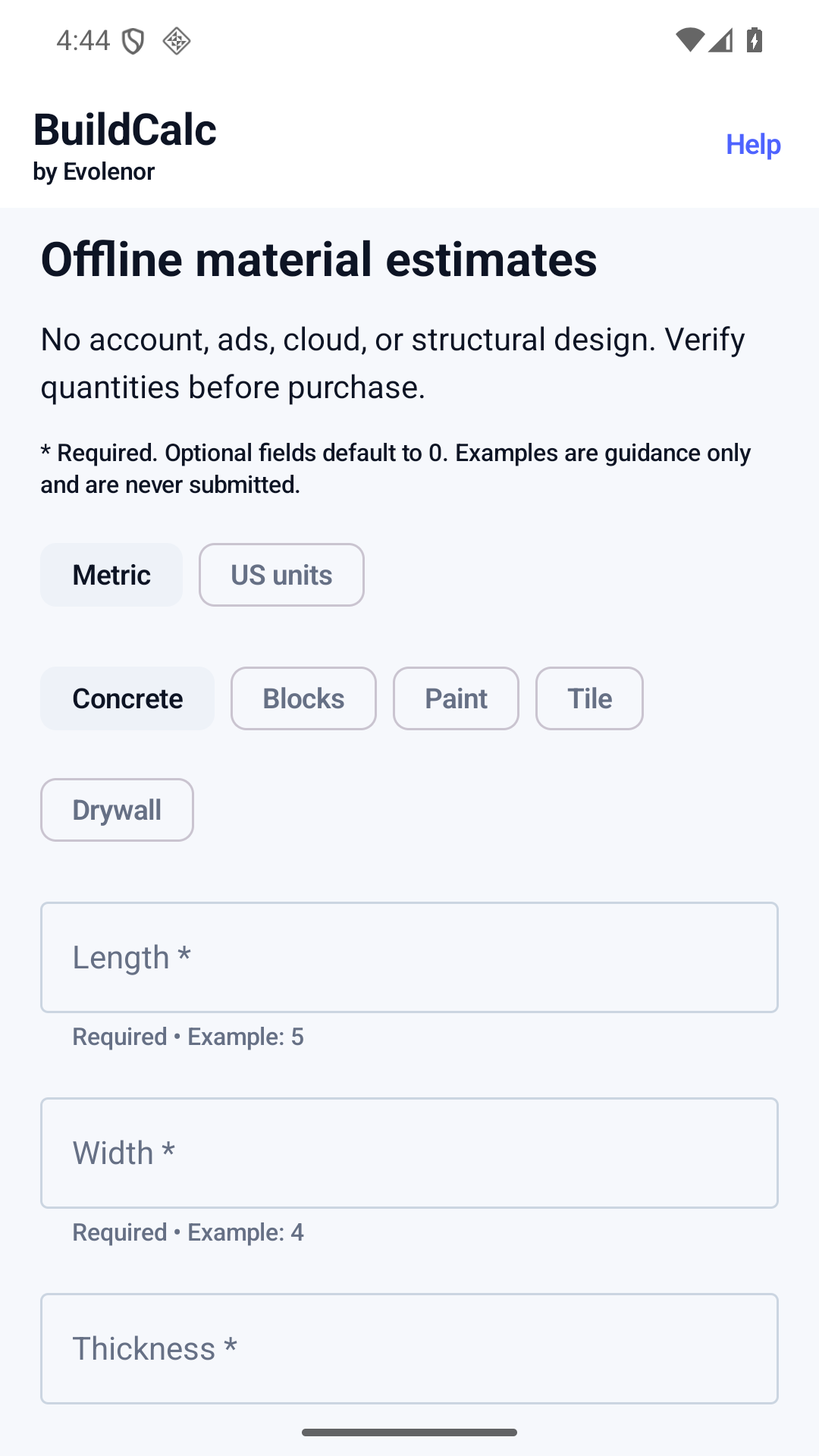 Pantalla de cálculo de materiales de BuildCalc en Android