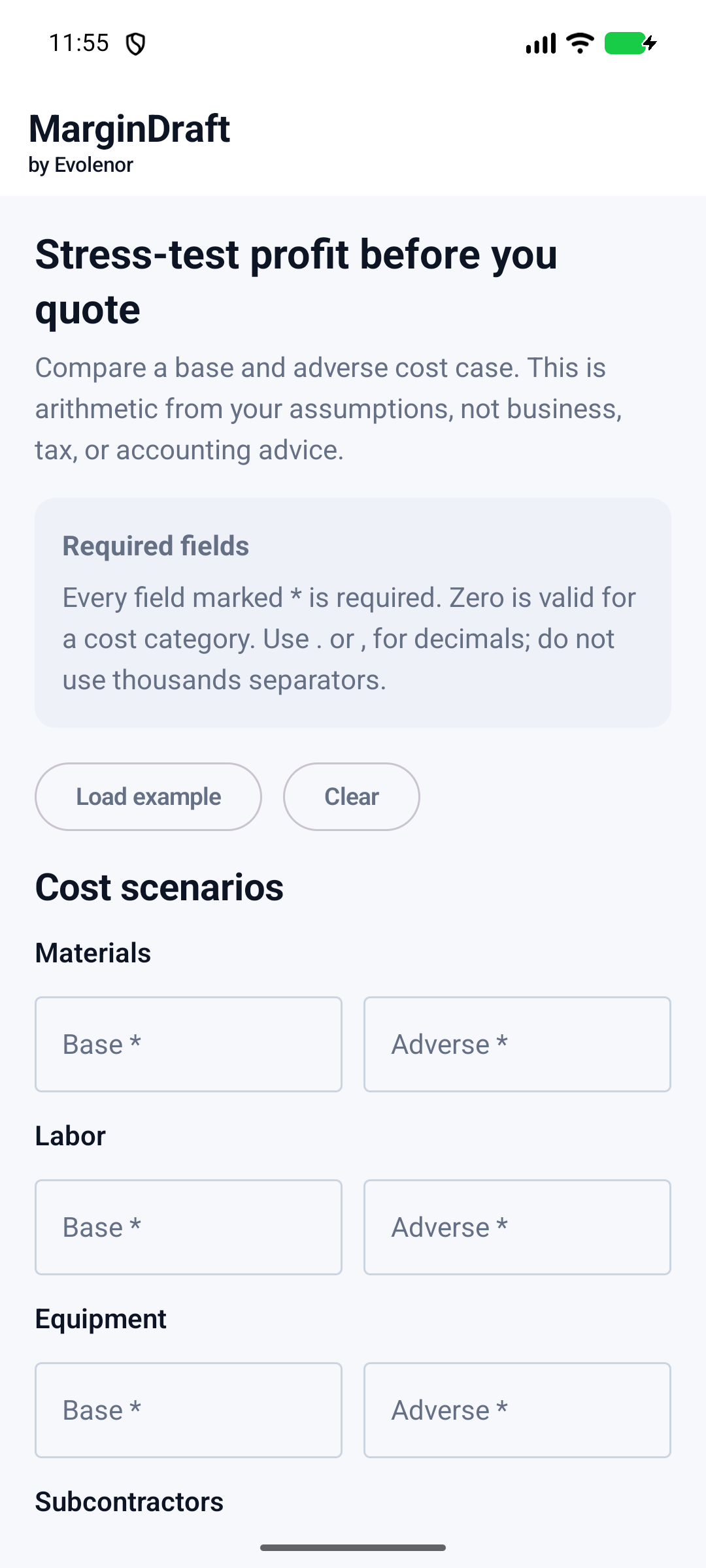 MarginDraft job cost inputs on Android