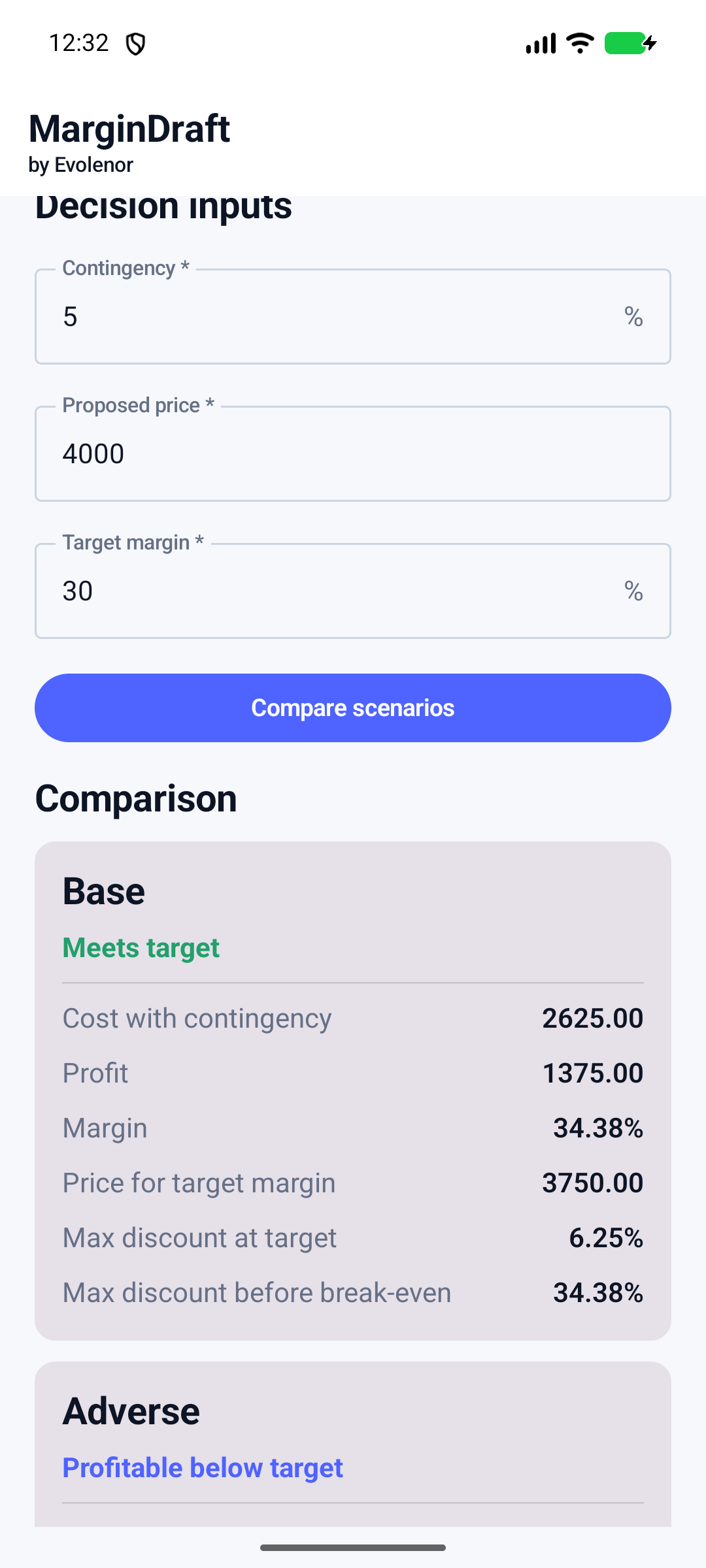 MarginDraft scenario comparison on Android