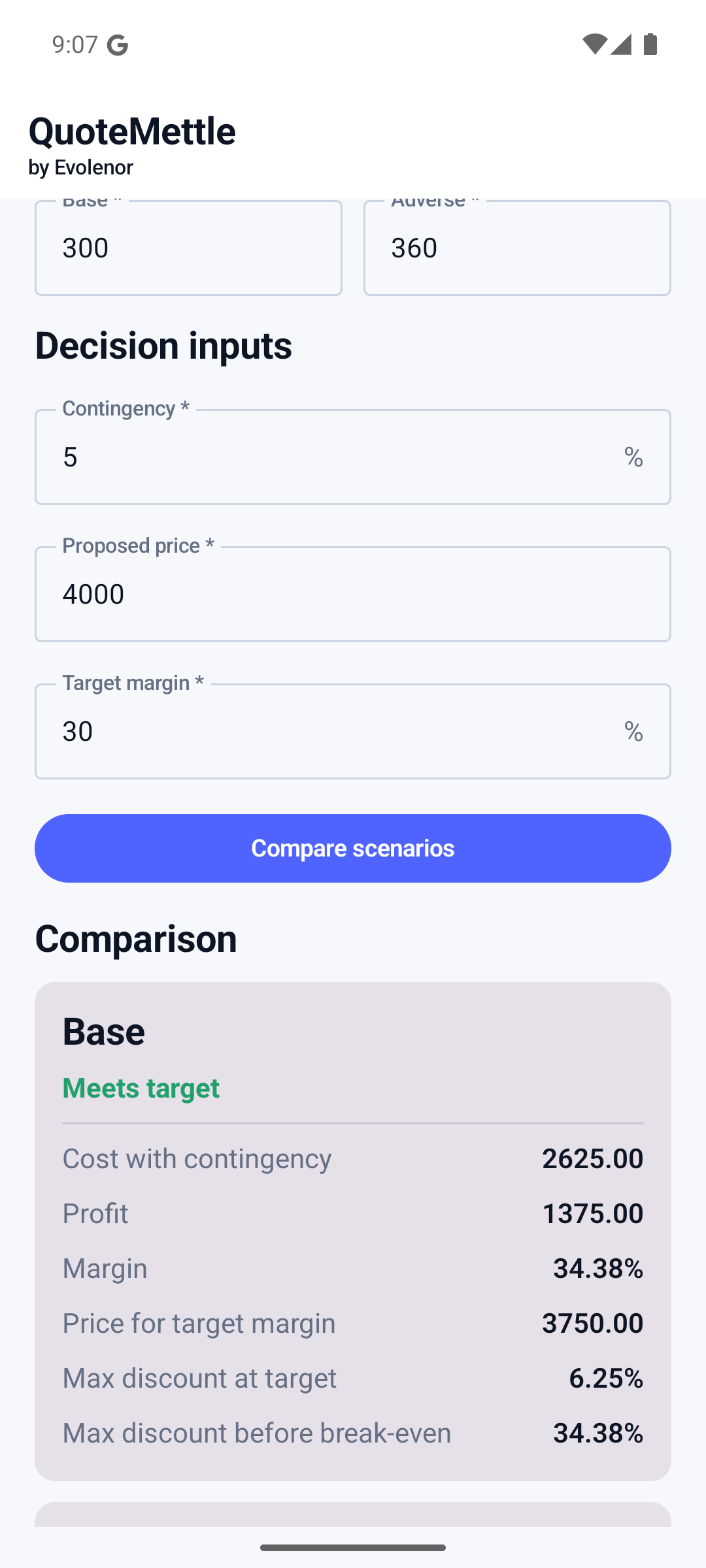 Comparación de costos base y adversos en QuoteMettle para Android